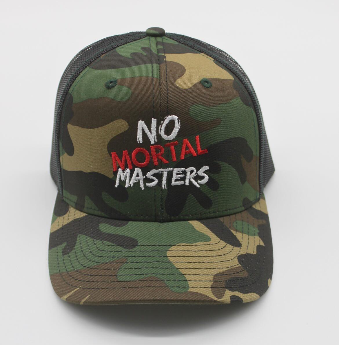 "No Mortal Masters" M81 Woodland Trucker Mesh Snapback 1 No mortal masters trucker mesh snapback woodland camo